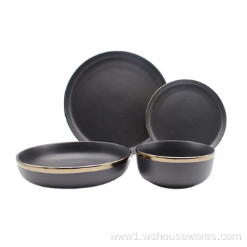 Luxurious Black Stoneware Dinnerware Set with Gold Edge